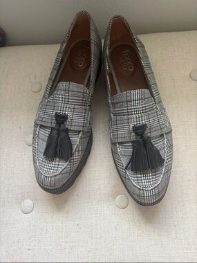 Franco Sarto Women's Checkered Black Tassels Loafers, Chunky Sole; Sz:9.Like New